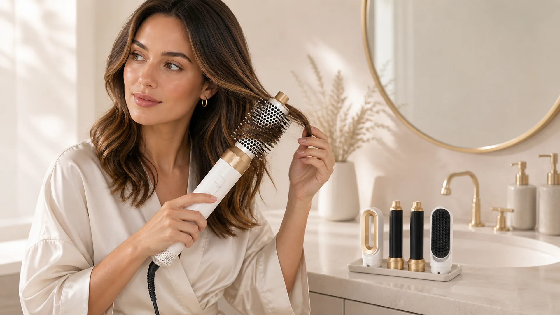Femme se coiffant avec une brosse soufflante Melyss AirCurl